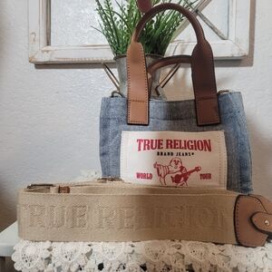 True Religion Blue Denim Tote with Brown Handles